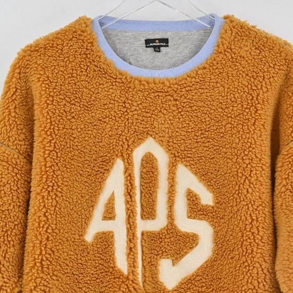 ALPHASTYLE Mens Tan Sherpa Pullover Sweatshirt Monogram Streetwear Size Small - Picture 2 of 10